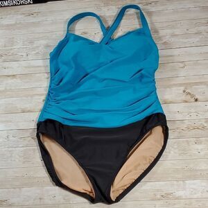 Carol Wior SLIMsuit One Piece Swimsuit Size 16 Turquoise &‎ Black